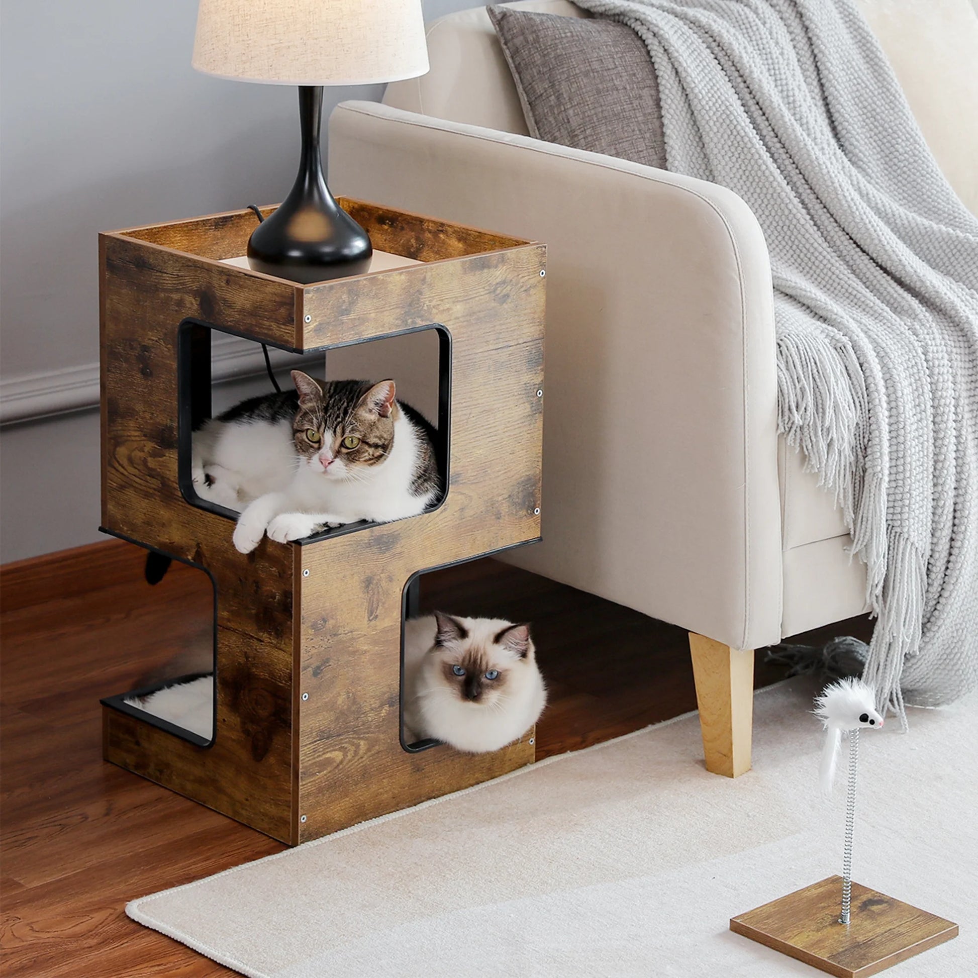 23" Wood Cat House Furniture for Indoor Cats, Modern Cat Tree Tower Bed with Free Cat Toy, Scratching Pad and Removable Soft Mats, Small Cat Condo, Beige