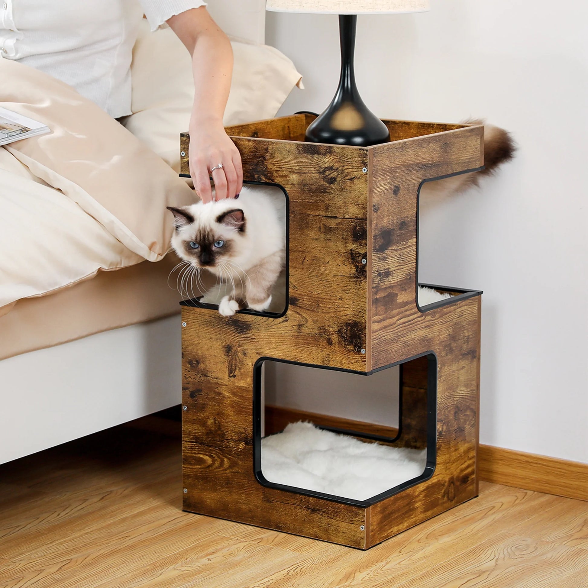 23" Wood Cat House Furniture for Indoor Cats, Modern Cat Tree Tower Bed with Free Cat Toy, Scratching Pad and Removable Soft Mats, Small Cat Condo, Beige