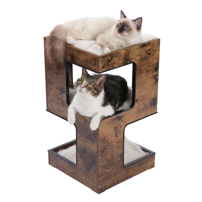 23" Wood Cat House Furniture for Indoor Cats, Modern Cat Tree Tower Bed with Free Cat Toy, Scratching Pad and Removable Soft Mats, Small Cat Condo, Beige