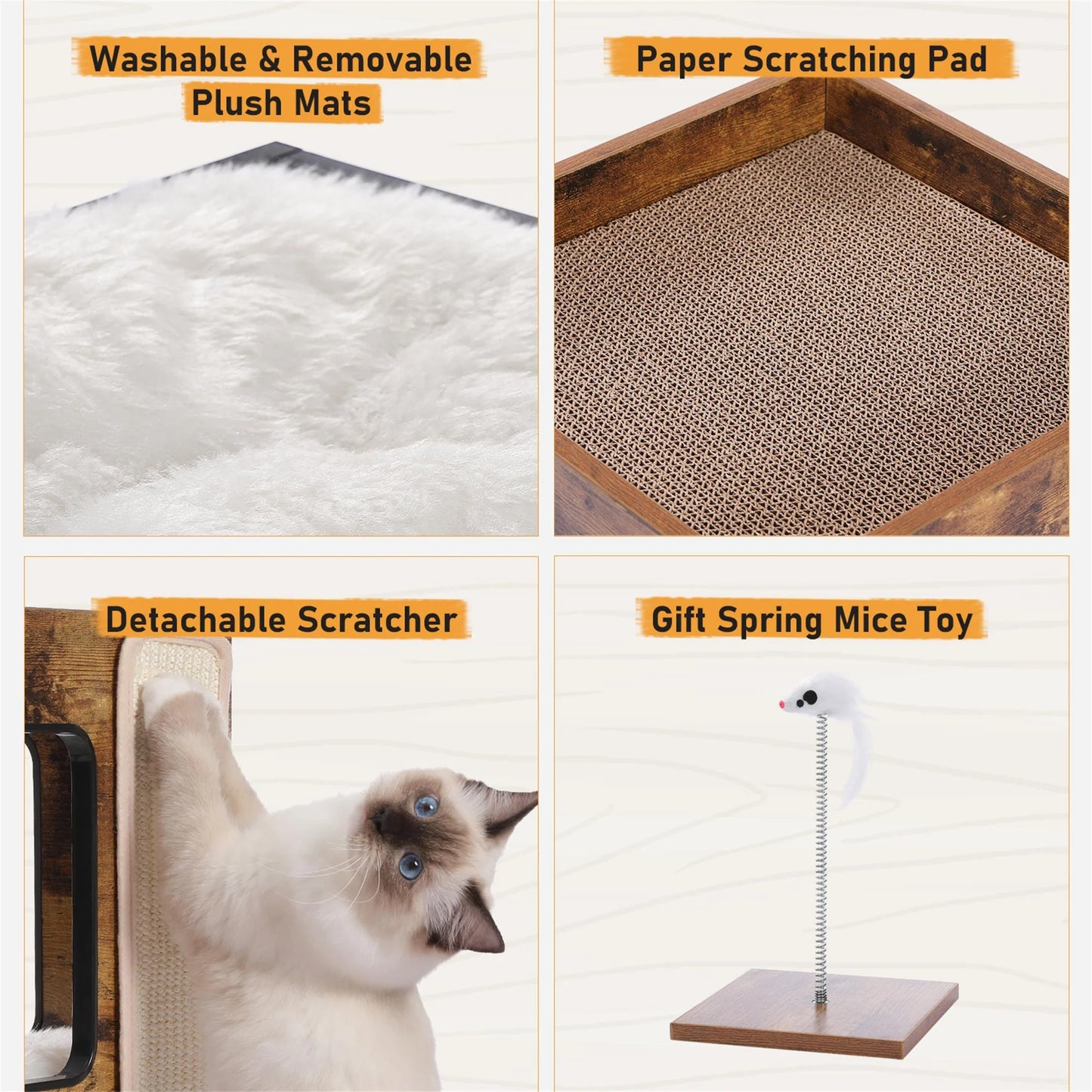 23" Wood Cat House Furniture for Indoor Cats, Modern Cat Tree Tower Bed with Free Cat Toy, Scratching Pad and Removable Soft Mats, Small Cat Condo, Beige