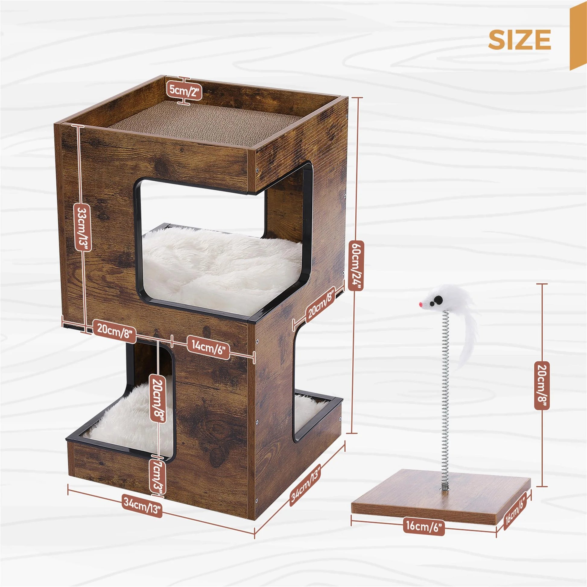 23" Wood Cat House Furniture for Indoor Cats, Modern Cat Tree Tower Bed with Free Cat Toy, Scratching Pad and Removable Soft Mats, Small Cat Condo, Beige
