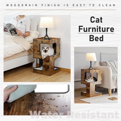 23" Wood Cat House Furniture for Indoor Cats, Modern Cat Tree Tower Bed with Free Cat Toy, Scratching Pad and Removable Soft Mats, Small Cat Condo, Beige